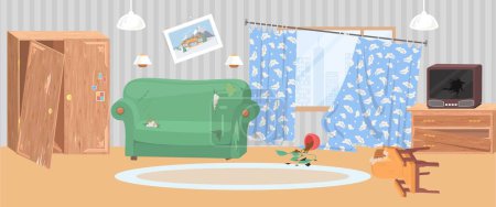 Illustration for Broken furniture in abandoned living room vector dirty interior. Neglected apartment with cracked sofa, chair and wardrobe, shattered vase and television. Deserted home cartoon illustration - Royalty Free Image