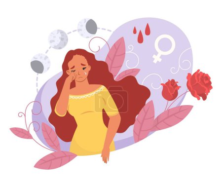Ilustración de Crying woman with premenstrual syndrome problem vector illustration. Girl having depression and emotional stress suffering from pms symptom. Gynecology and hygiene concept - Imagen libre de derechos