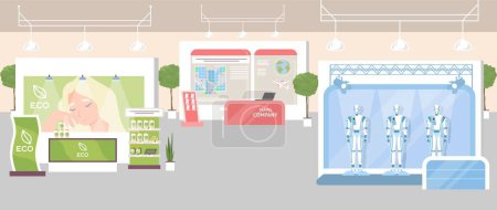 Illustration for Different exhibit booths. Vector trade area interior, presentation showcase design. Travel, eco products and robotic technology exhibition illustration - Royalty Free Image