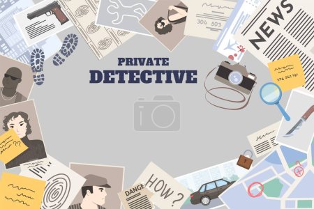 Illustration for Private detective service vector. Photo camera, notes sticker, newspaper article, clues analytics information illustration. Poster template with empty copy space. - Royalty Free Image