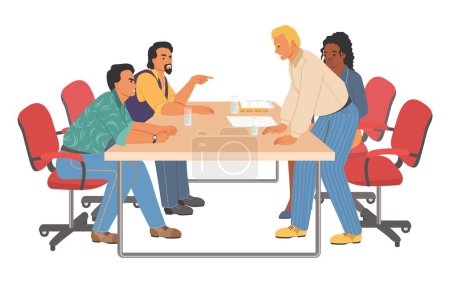 Illustration for Work conflict vector. Arguing coworkers characters sitting at table and having aggressive quarrel illustration. Confrontation of business partners, toxic relationship in team - Royalty Free Image