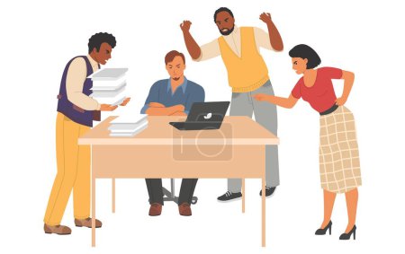 Illustration for Work conflict in office vector. Coworker team shouting on overworked employee illustration. Toxic environment at workplace. Aggressive corporate management - Royalty Free Image