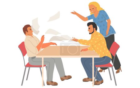 Illustration for Work conflict flat vector. Cartoon angry coworkers throwing paper document into executive manager sitting at table illustration. Aggressive quarrel, disagreement confrontation of business colleagues - Royalty Free Image