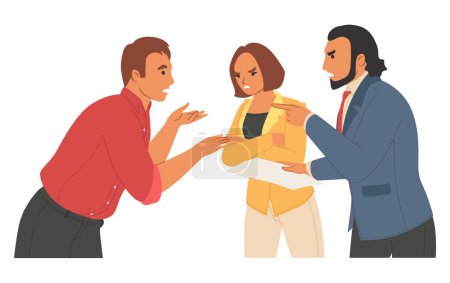 Illustration for Work conflict vector illustration. Angry unhappy diverse employees yell at each other. Bullying in office. Two colleague shouting on coworker standing isolated on white background - Royalty Free Image
