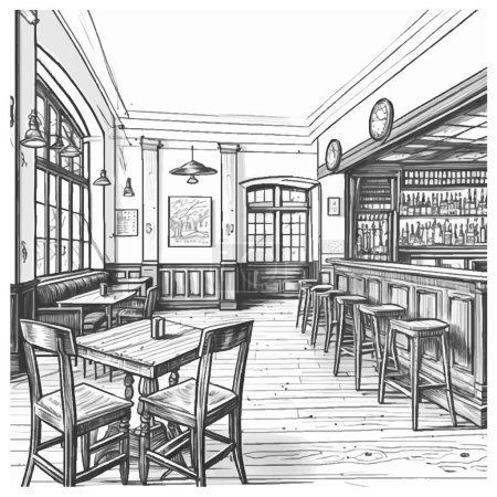 Illustration for Restaurant, pub or cafe bar interior vector design. Beer pub with wooden chair, table furniture and counter desk illustration. Tavern sketch - Royalty Free Image