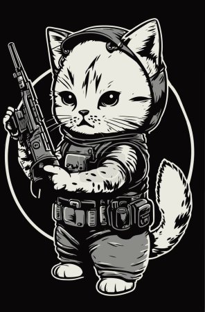 Ilustración de Lindo gatito con ilustración vectorial pistola. Defensor de animales domésticos portando rifle. Mascotas guerrero retrato de arte aislado. Estilo blanco y negro - Imagen libre de derechos