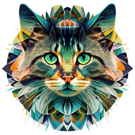 Colored cat head vector. Kitten face emoticon illustration. Cute kitty polygonal portrait. Domestic animal artwork