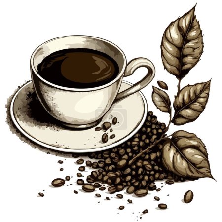 Ilustración de Coffee cup and beans pile heap vector illustration isolated on white background. Arabica beverage and rusted grains etching shading style - Imagen libre de derechos