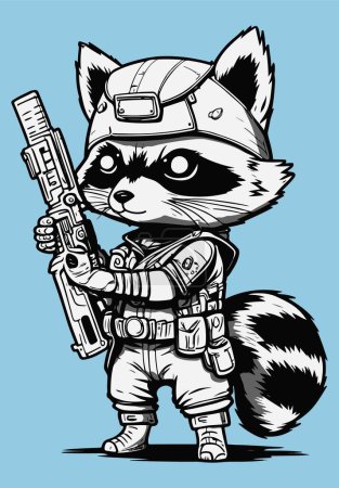 Illustration for Raccoon wearing military helmet with rifle black-and-white vector illustration. Special animal forces. Army wild character - Royalty Free Image