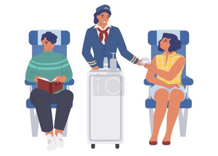 High quality flight service vector illustration. Cartoon stewardesses giving drinks to passengers inside airplane. Plane board interior. Aircraft concept