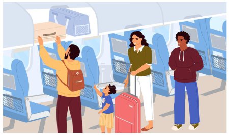 Illustration for Inside airplane illustration. Vector aircraft passengers placing luggage in baggage compartment over plane board interior. People putting suitcases, backpacks on top storage. Preparation for flight - Royalty Free Image