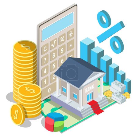 Illustration for Bank rates and services vector illustration. Finance growth, budget and percent of profit from investment concept. Banking financial system, deposit income calculation 3d isometric design - Royalty Free Image