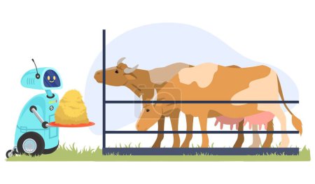 Ilustración de Ayudante robot AI que ayuda en el ganado del corral alimentando a la vaca en el establo sosteniendo heno en la ilustración del vector de bandeja. Agricultura inteligente automatizada y concepto de tecnología de inteligencia artificial - Imagen libre de derechos