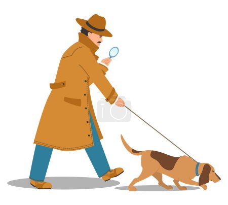 Illustration for Detective in coat and hat holding magnifying glass follows trail with dog vector illustration isolated on white background. Investigation crime concept - Royalty Free Image