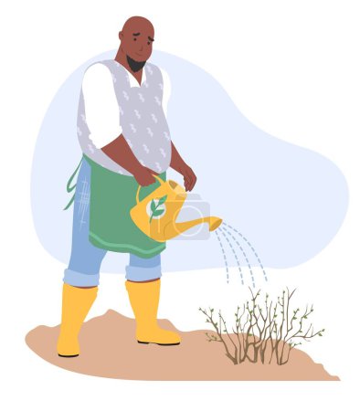Illustration for Smiling man gardener watering plant isolated on white background. Male agricultural worker taking care to growing tree seedling vector illustration. Gardening or horticulture farm life concept - Royalty Free Image