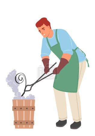 Illustration for Blacksmith wearing apron using tools hardening steel vector illustration standing isolated on white background. Tempering metalworking process concept - Royalty Free Image