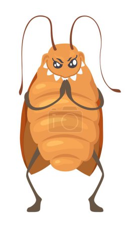 Ilustración de Mascota de cucaracha frotando patas rudamente ilustración vectorial. Mala plaga personaje divertido aislado sobre fondo blanco. Kawai insecto parásitos emoción y concepto de expresión - Imagen libre de derechos
