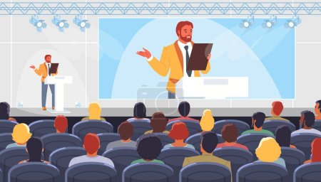 Confident man speaker talking before audience at business conference vector illustration. Successful businessman character, teacher giving speech on stage at international forum