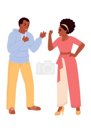 Illustration for Family conflict vector illustration. Flat cartoon angry wife and husband quarrelling standing isolated on white background. Young married couple feeling aggressive emotions having relationship problem - Royalty Free Image