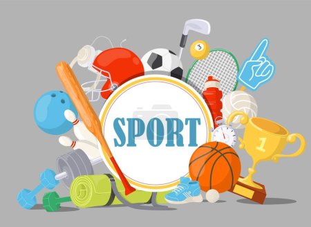 Photo for Sport poster design template with fitness and gaming accessories vector illustration. Championship tournament gears, training supplies and awards prize for winners flat cartoon - Royalty Free Image