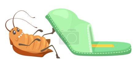 Ilustración de Lindo personaje divertido cucaracha bajo zapatilla casera aislado sobre fondo blanco. Dibujos animados cucaracha escena vector ilustración. Pequeño insecto asustado - Imagen libre de derechos