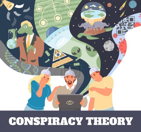 Illustration for Conspiracy theory poster. People characters spreading fake information vector illustration. False ideas about coronavirus, alien attack, microchipped vaccines, flat earth, reptilians lizard politician - Royalty Free Image