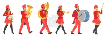 Personnage adulte de l'orchestre militaire portant un uniforme rouge de fête marchant en jouant de l'illustration vectorielle d'instrument de musique isolé sur fond blanc. Défilé de mars concept d'événement public