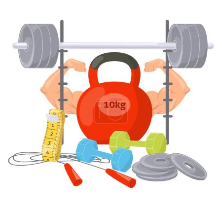 Illustration for Sport vector poster. Strong muscular body building, powerlifting and weight correction concept. Fitness gym club equipment for training workout design illustration. Healthy active lifestyle promotion - Royalty Free Image