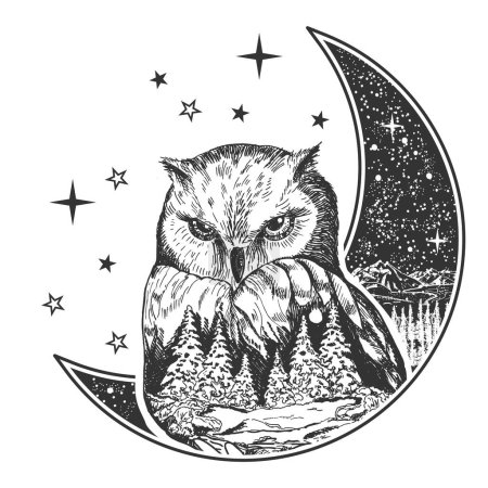 Téléchargez les illustrations : Oiseau hibou Boho avec lune, étoiles et conception de la forêt. Signe ésotérique, alchimie, religion, spiritualité et occultisme composition imprimée illustration vectorielle - en licence libre de droit