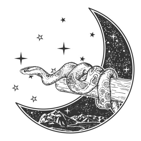 Luna creciente con diseño de bosque montañoso y serpiente enrollada alrededor de ilustración vectorial de rama en estilo boho. emblema sagrado místico con diseño de tatuaje de tinta de reptil