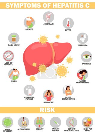Illustration for Symptom and risk of hepatitis vector illustration. Medical poster of cirrhosis treatment, liver cancer medicine disease awareness brochure - Royalty Free Image