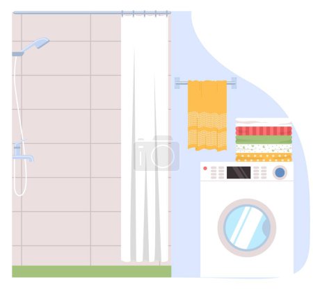 Ilustración de Interior moderno de diseño de baño en casa con ducha y lavadora, ropa limpia y toalla colgada en la ilustración vector de gancho - Imagen libre de derechos