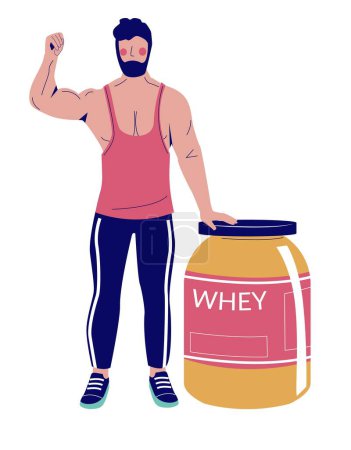 Illustration for Sportsman character advertising whey sport nutrition supplement vector illustration. Male athlete bodybuilder standing nearby huge bottle package container with protein powder - Royalty Free Image
