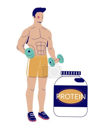 Illustration for Young muscular bodybuilder holding weights dumbbells standing nearby protein bottle canister isolated on white background. Vector illustration of sportsman advertising sport nutrition supplement - Royalty Free Image