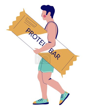 Illustration for Young sportsman with perfect body walking with protein bar in hand vector illustration isolated on white background. Sports nutrition and supplements for bodybuilding and healthcare concept - Royalty Free Image