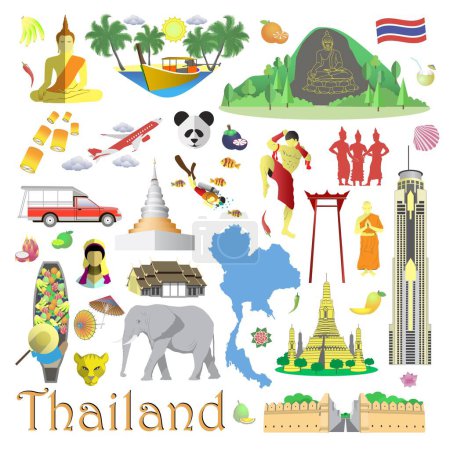 Ilustración de Tailandia iconos y símbolos de viaje conjunto aislado. Atracciones turísticas famosas, comida y bebidas nacionales, deporte y entretenimientos, bandera tradicional, transporte e ilustración vectorial de edificios - Imagen libre de derechos