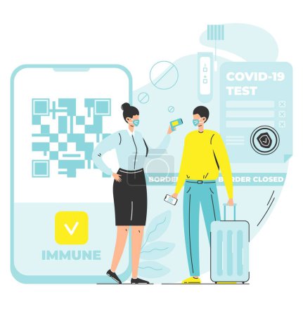 Illustration for Covid-19 test scene. Vector illustration of man traveler and woman inspector wearing mask at airport departure checkpoint. New normal of travelling concept - Royalty Free Image