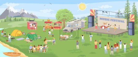 Music festival outdoors party event in park scene. Vector illustration of open-air cultural entertainment with live performance of musical group on stage in public place with people visitors