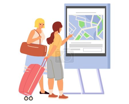 Ilustración de Viajero joven con bolsa de equipaje usando ilustración interactiva del vector de kiosco de navegación de autoservicio aislado sobre fondo blanco - Imagen libre de derechos