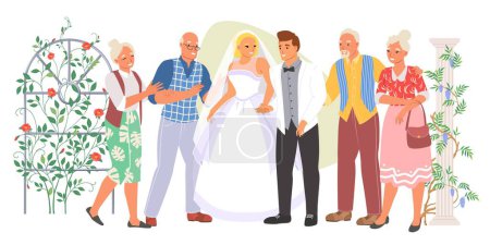 Illustration for Marriage ceremony vector illustration. Happy bride and groom and their parents standing nearby festive floral arch. Traditional wedding party event - Royalty Free Image