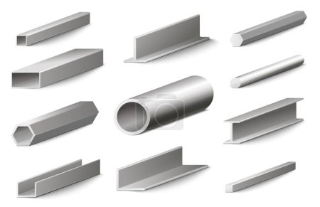 Illustration for Different metal profiles construction materials realistic set isolated on white background. Stainless steel beam tube, armature, pipe, joist and girder vector illustration - Royalty Free Image