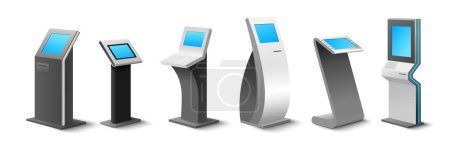 Illustration for Different self-service kiosk to order and payment online realistic mockup set. Modern interactive machines, freestanding terminal and atm construction vector illustration - Royalty Free Image