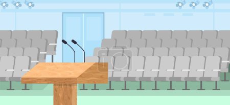 Illustration for Empty conference hall with spectator seats an tribune podium with microphones vector illustration. Politician debates scene, seminar and lecture auditory with chairs - Royalty Free Image