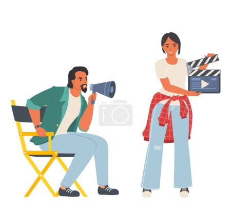 Illustration for Film director and assistant engaged in cinema production vector illustration. Male producer shouting in megaphone, female helpmate holding clapping board - Royalty Free Image