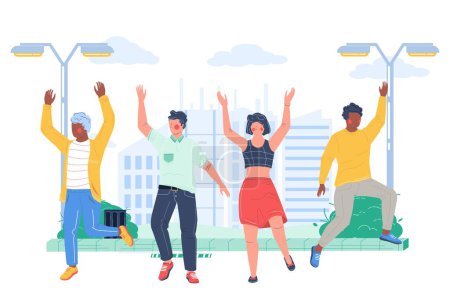 Illustration for Happy positive people on street over cityscape background vector illustration. Young multiethnic man and woman rejoicing jumping with happiness celebrating something - Royalty Free Image