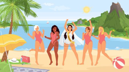 Ilustración de Fiesta de gallinas en concepto de playa con mujeres jóvenes felices en trajes de baño divertirse y bailar juntos durante la celebración futura ilustración vector de matrimonio - Imagen libre de derechos