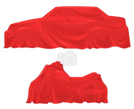 Illustration for Car and motorcycle hiding under exhibition drapery vector illustration. Different mode of transport vehicles covered with realistic for presentation stage of modern luxury auto show - Royalty Free Image