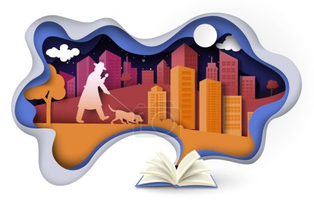 Illustration for Detective book papercut design with investigator holding magnifying glass and dog on leash following trail over cityscape background vector illustration. Fascinating literature concept - Royalty Free Image