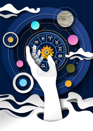 Illustration for Astrology science creative paper-cut art style vector illustration with human hand of fortune taller or astrologist spinning zodiac circle to predict influence space planet - Royalty Free Image