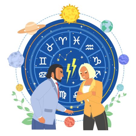 Illustration for Couple quarrelling demonstrating zodiac sign mismatch vector illustration. Angry man and woman married family shouting having problems with relationship. Domestic conflict and astrology - Royalty Free Image